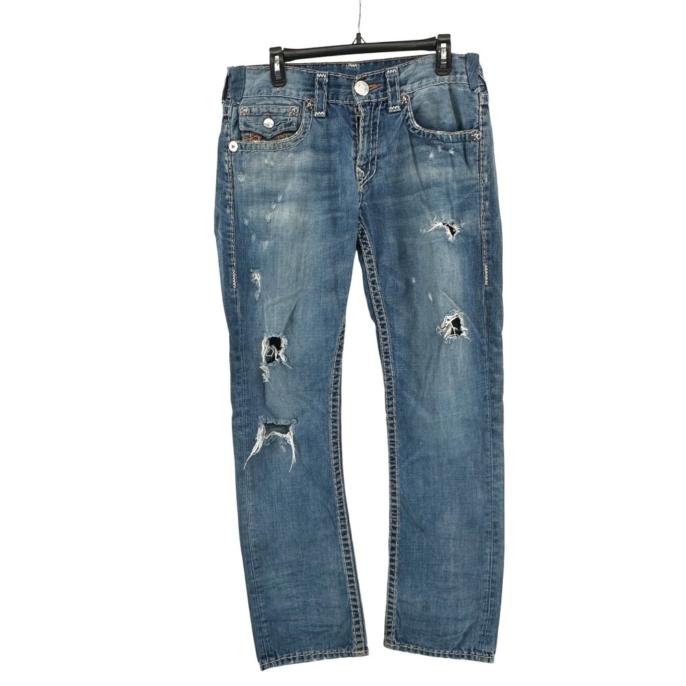 True Religion Straight W Flap Super T Jeans Men 32 Blue Distressed Straight